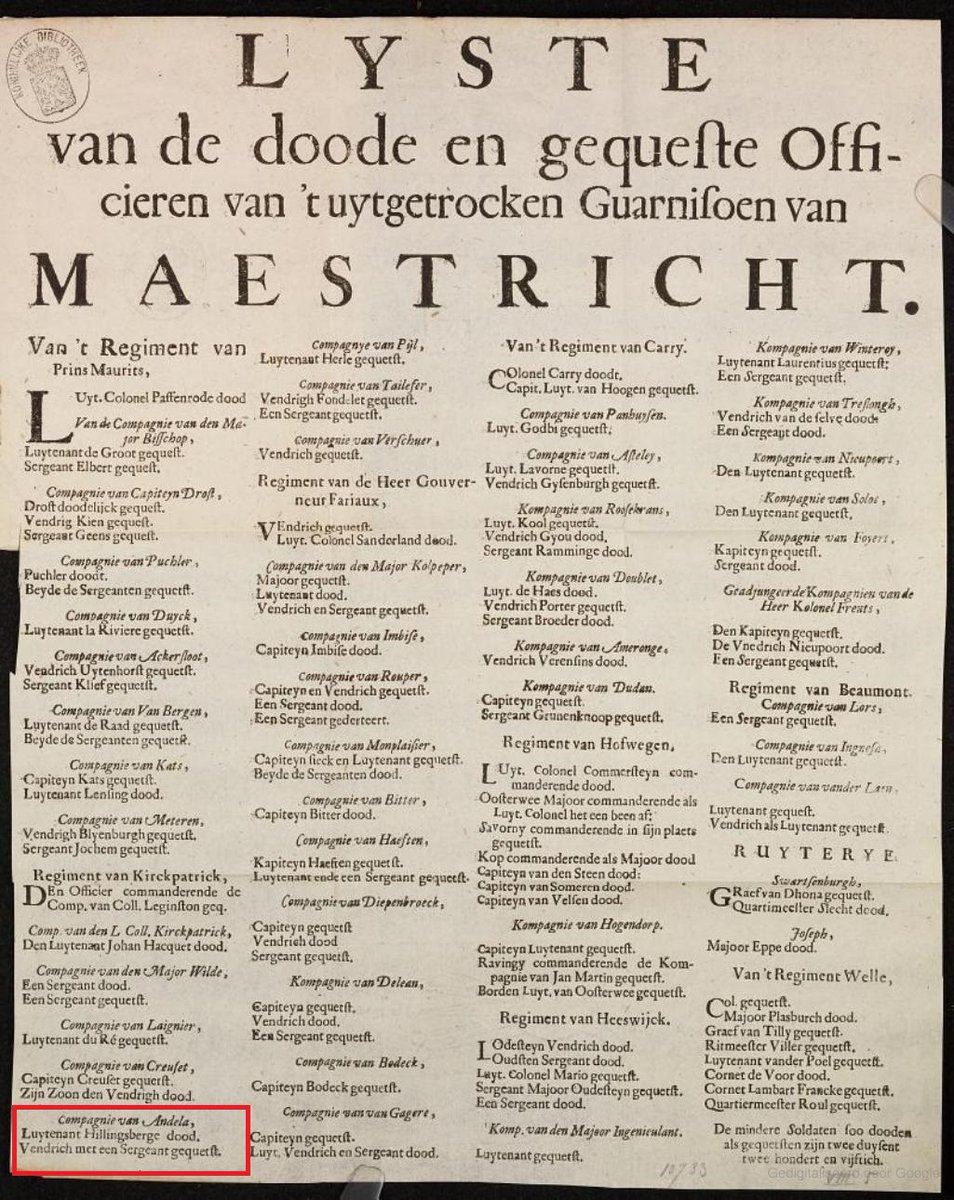 Lijst van doden en gewonden van beleg van Maastricht in juni 1673. Hierbij was ook de compagnie van kapitein Johan van #Andla (ong. 1640-1680?) uit Oenkerk betrokken. Zijn luitenant overleed en zijn vaandrig en sergeant werden gewond.
lees ook: nl.wikipedia.org/wiki/Beleg_van…