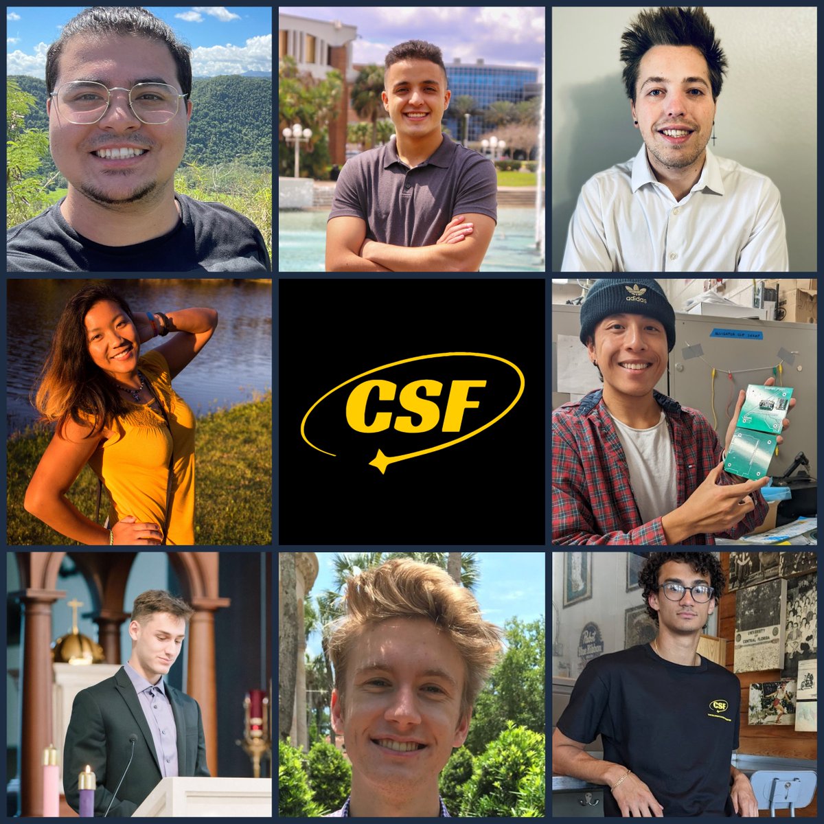 csfucf's tweet photo. New semester, new board! Welcome to all our members and interested parties.

From top left to bottom right, meet our executive board for the Fall 2022 semester:
Manuel Hernandez - President
Aref Abdala - Vice President
Avery Evans - Treasurer
Taniya Shaffer - Secretary
... https://t.co/31U6Sm0InP