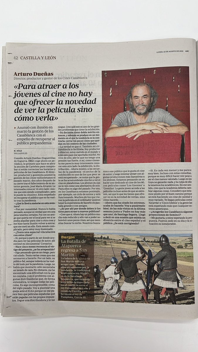Cine_Casablanca's tweet photo. 🔴 Entrevista en el #ABC a Arturo Dueñas, director de #CineCasablancaValladolid y @EsguevaFilms.

Leed sus respuestas y valorad si esto merece difusión (RT) o no. https://t.co/XijHylUYAg