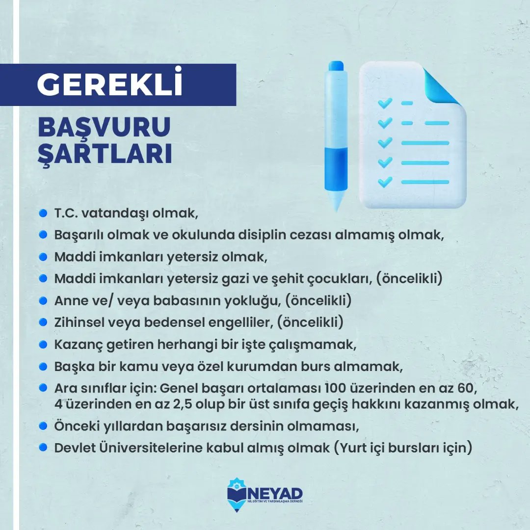 Yüksek Lisans ve Doktora eğitimi alacak genç kızlarımız için 2022 yılı NEYAD Burs Başvurusu devam ediyor.

İşte başvuru yapmak için gerekli şartlar. 

<a href="/Nilgun_Diptas/">NİLGÜN DİPTAŞ 🇹🇷</a>

#neyad #bursbaşvurusu #yükseklisans #doktora