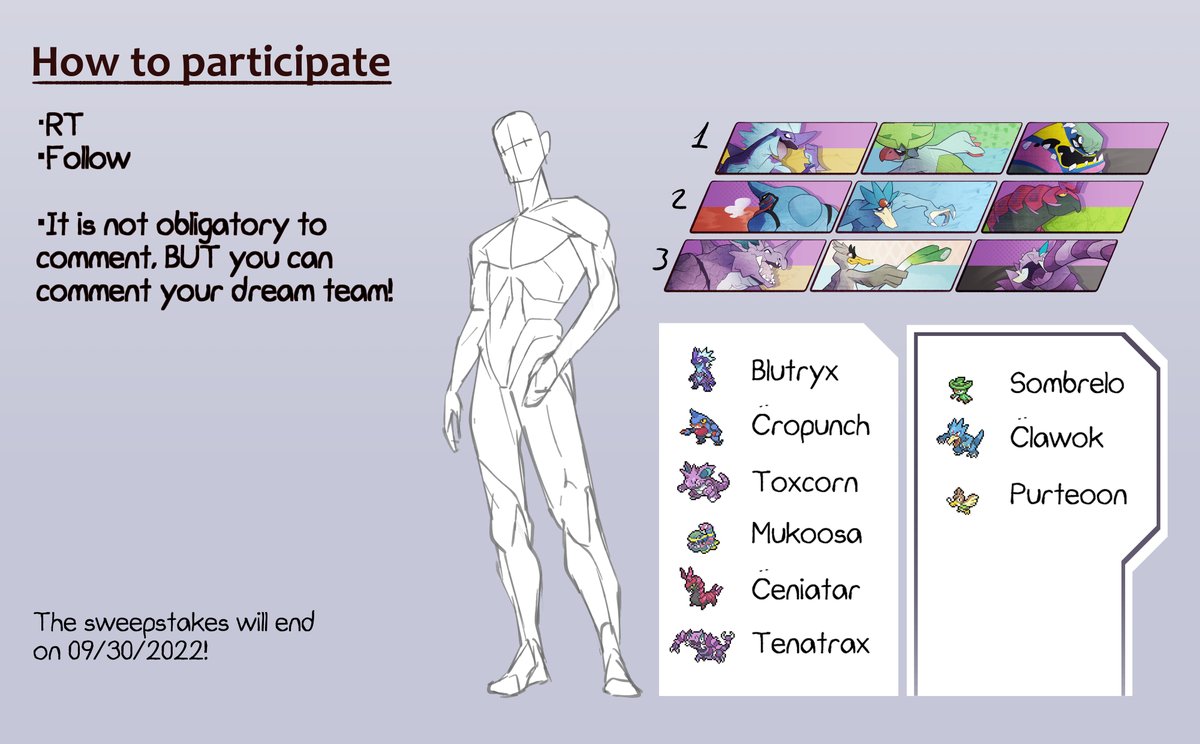 🟣🟣YOUR GYMLEADERSONA CONTEST!🔵🔵

It's simple, the winner will get a #GymLeadersona card design, featuring you and 3 Pokemons that are in your team and in sprites!!

In the image it says how to participate and apart, below there will be a tweet of examples I made with myself!