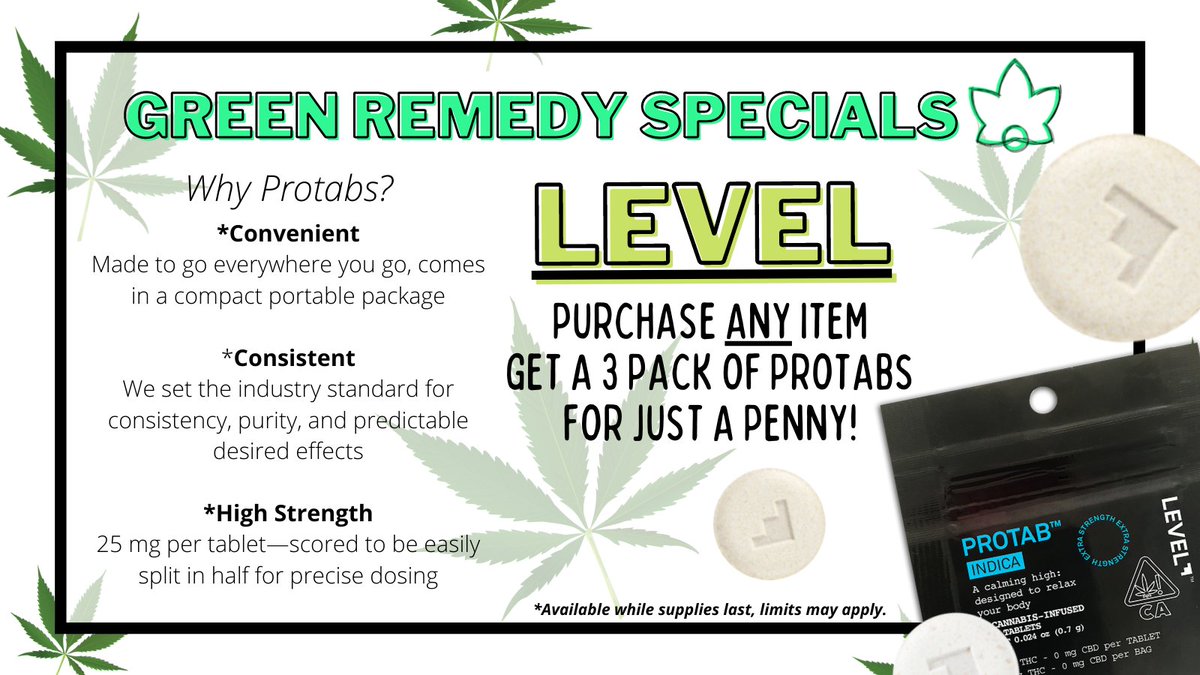 GreenRemedyCA's tweet photo. LEVEL UP! LEVEL UP! LEVEL UP!

~* In-Store &amp; Pick-Up orders all receive a bonus pack of Protabs from @LEVELEXPERIENCE! This fan favorite is convenient, consistent, and high in THC *~

*Limit 1 per customer/purchase
*Sativa or Indica options
*Available while supplies last!!! https://t.co/euLhZ2UDxk