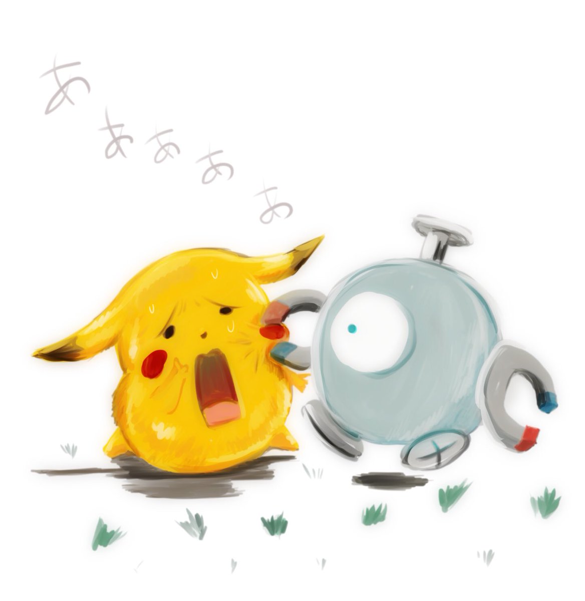 pikachu no humans pokemon (creature) white background open mouth grass simple background sweat  illustration images