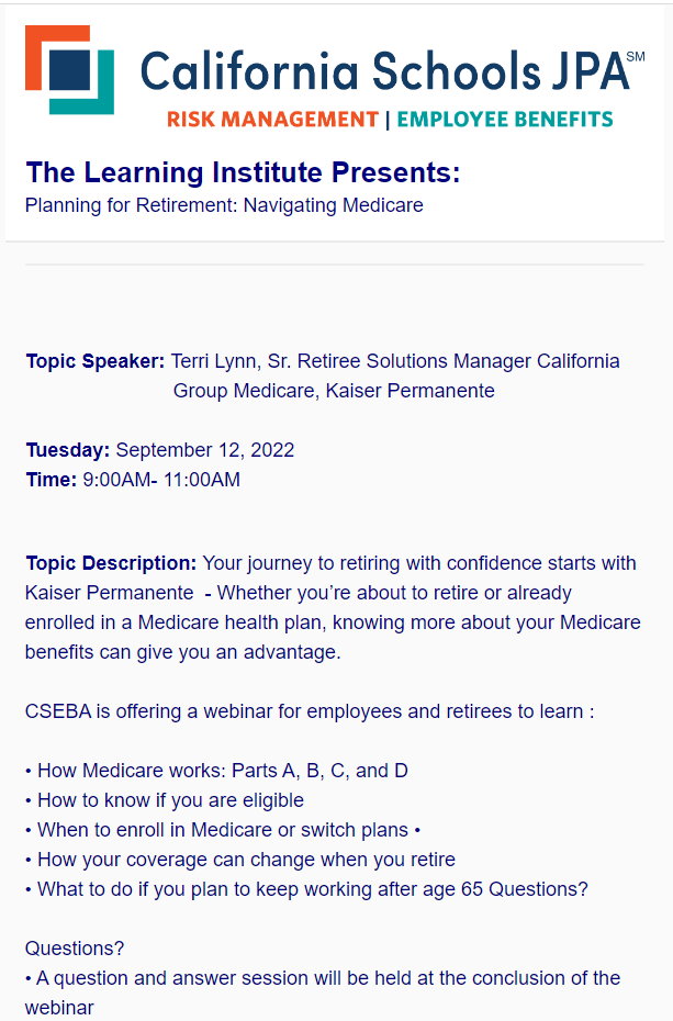cjusdwellness's tweet photo. Are you eligible for Medicare once you retire? Do you know how Medicare works? Learn all that you need to know at Kaiser's upcoming webinar!⚕️

TLI Presents: Planning for Retirement: Navigating Medicare
09/12 at 9 AM
Register: https://t.co/FsWMzetFDi

#cjusdwellness https://t.co/jAcQgDWfof
