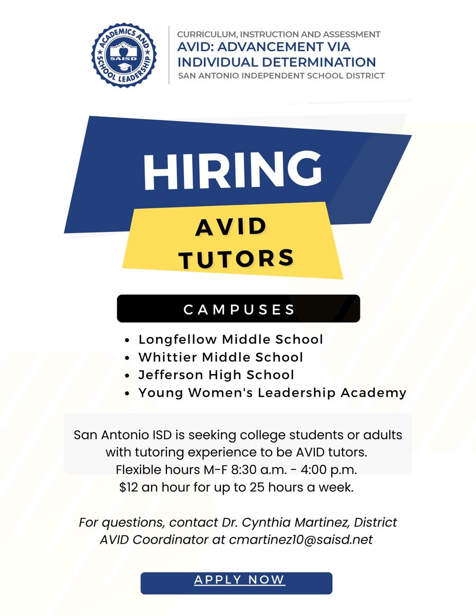 SAISD_AVID's tweet photo. We are hiring AVID Tutors for our Demo Schools @JeffersonSAISD @LMS_Spartans @SaisdWhittier @ywlasatx We are seeking college students or adults with tutoring experiences. Apply https://t.co/nmqzBsvlEB
@SAISD_CI @SaisdAdvanced @SaisdSocial @SAISD_Science @RLASAISD @SAISD_Math https://t.co/BWu8D8Xk6S