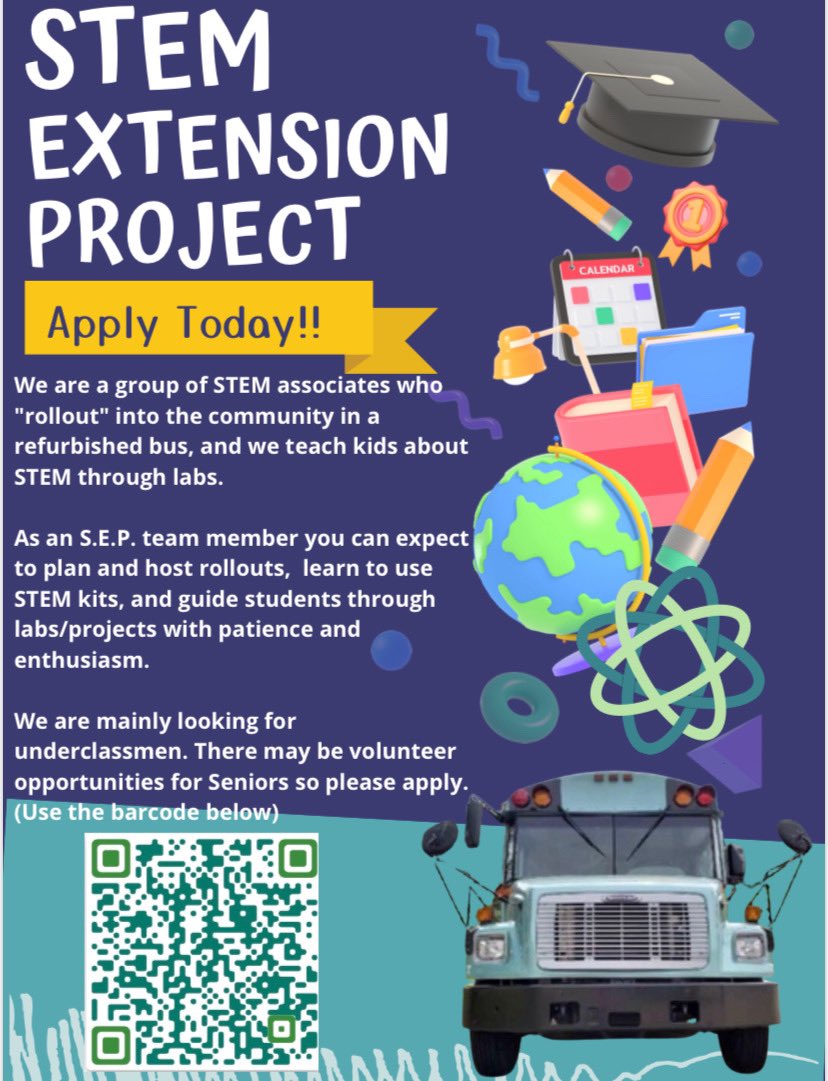 STEM Bus applications are out now!! Make sure to scan the QR code at the bottom of the flyer or click the link to apply. You can also find these around the stem building and in the cafeteria!

forms.gle/1ZveZHm5VaKwHv…