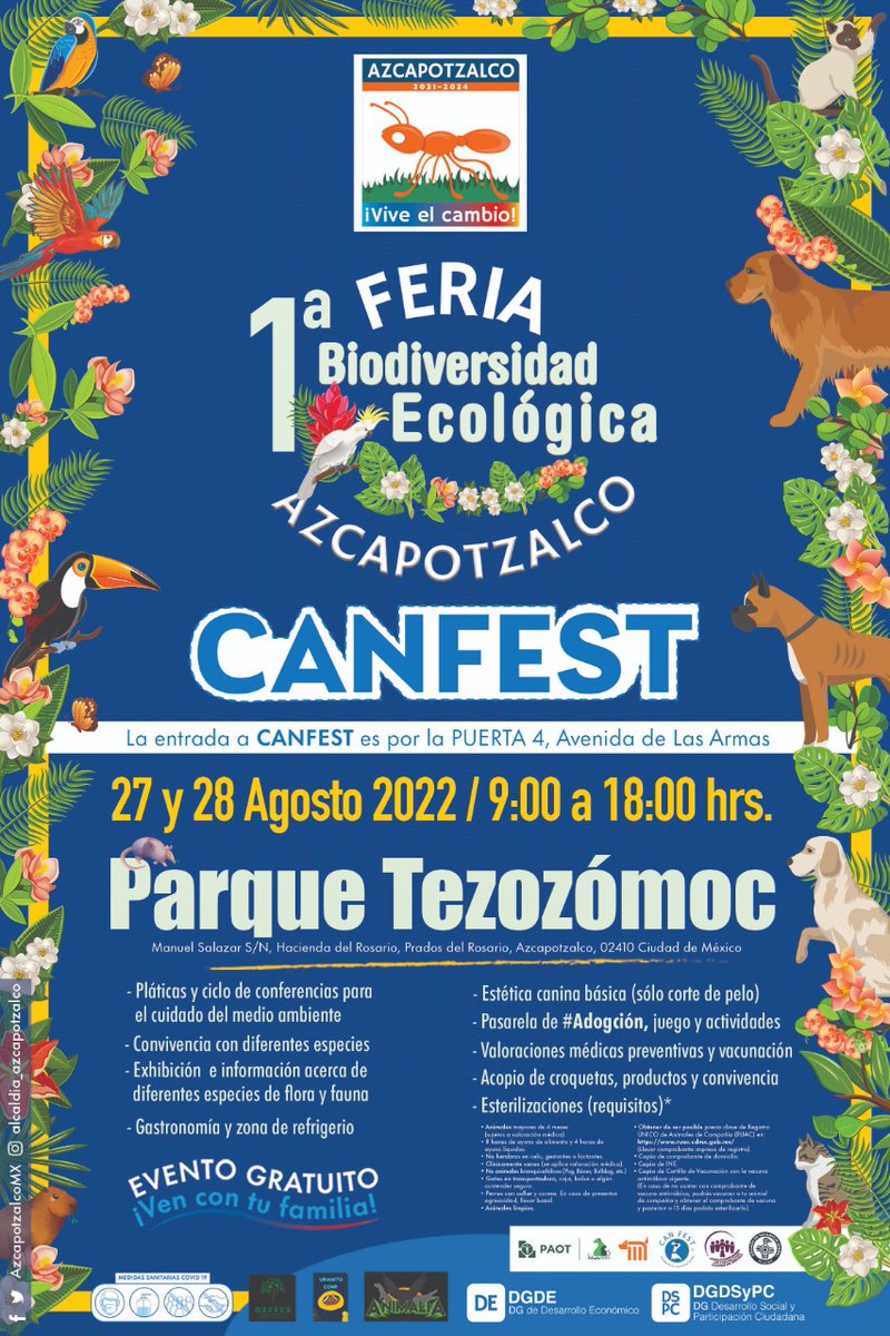 PAOTmx's tweet photo. Si te interesa adoptar a un 🐶🐱, o esterilizar, vacunar o llevar a la estética al tuyo, asiste al #CANFEST en el parque Tezozómoc🌳 🛝🥅 @AzcapotzalcoMx  

📍Puerta 4 (Av. de las Armas).
27 y 28 agosto

¡Y no olvides pasar al stand PAOT para conocer la plataforma @AdoptaCDMX! https://t.co/QjYS9imRaq