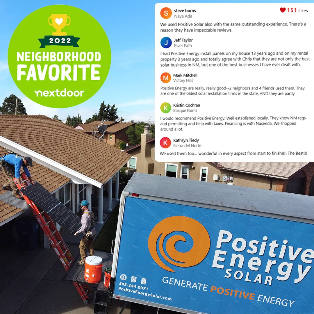 PositiveESolar's tweet photo. We are proud to be named to @nextdoor list of 2022 Neighborhood Favorites โ a local business awards program based on positive recommendations from real neighbors in the local community. ๐๐
#GeneratePositiveEnergy #newmexico #neighborhoodfavoritescontest https://t.co/Kf8ugAnKfR