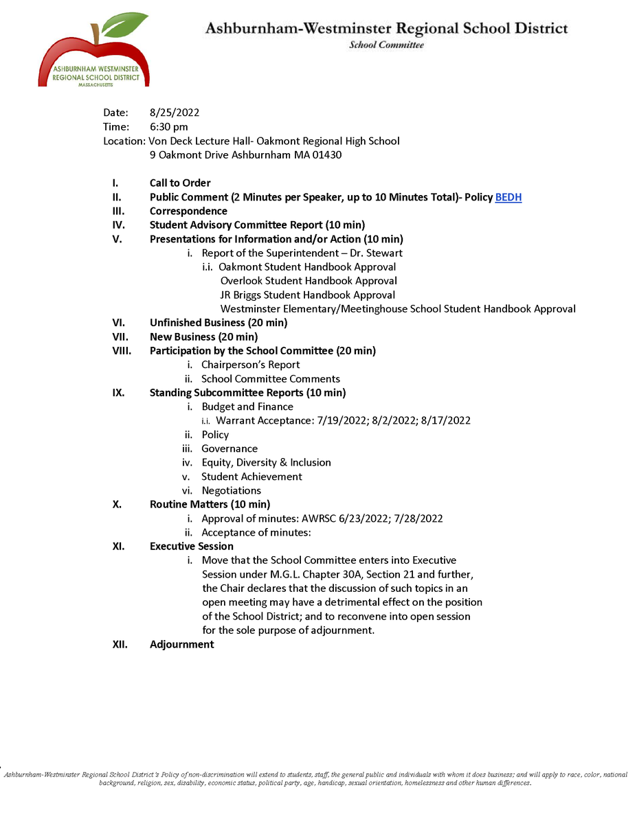 School Committee Meeting 8/25/2022 - The AWRSD School Committee will meet 8/25/2022 at 6:30pm in the Von Deck Lecture Hall in Oakmont Regional High School. edl.io/n1646679