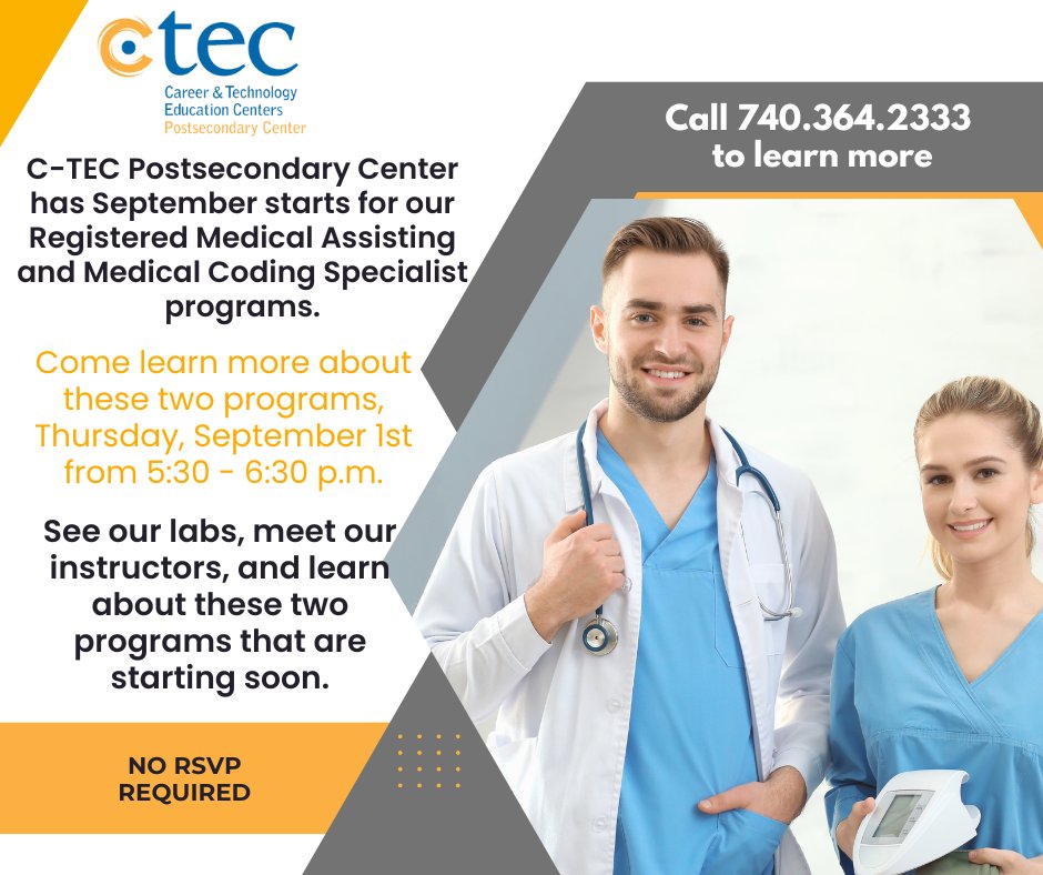Tomorrow Night!
Registered Medical Assisting and Medical Coding Specialist programs Info Session.
It's not too late to enroll for their Sept. starts!