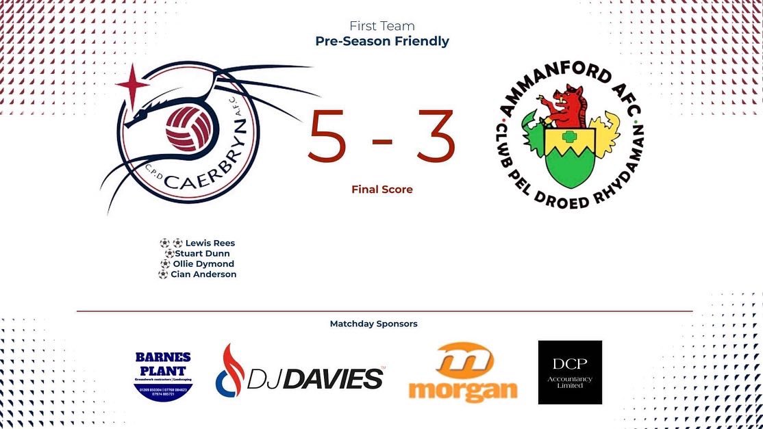 Caerbrynafc's tweet photo. Pre season results 
First team beat @AmmanfordAFC reserves 5-3 
Lewis Rees ⚽️⚽️
@StuartDunn2 ⚽️
@cian131 ⚽️
Oliver Dymond (p) ⚽️

Reserves beat @TrallwmTigersFC  2-1 
@adamrowe99 ⚽️
Shayne Clarke ⚽️

Thank you to both teams for the run out tonight https://t.co/DGQsCua2hy