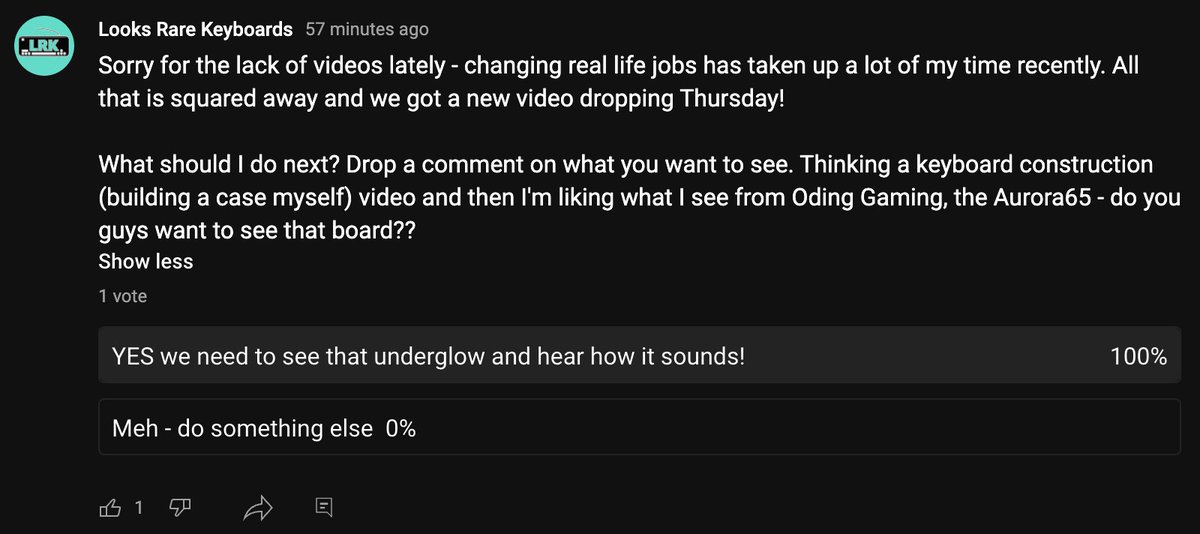 LRKeyboards's tweet image. It may only be 1 vote so far but the people have spoken @odingamingco they want to see the LRK review of the Aurora65. Its unanimous 😂