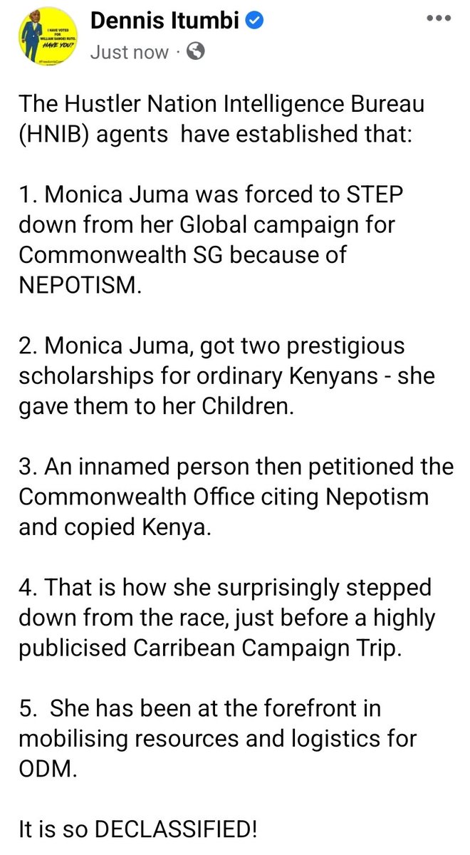 The Hustler Nation Intelligence Bureau (HNIB) agents  have established that:

1. Monica Juma was forced to STEP down from her Global campaign for Commonwealth SG because of NEPOTISM.

..It is so DECLASSIFIED!