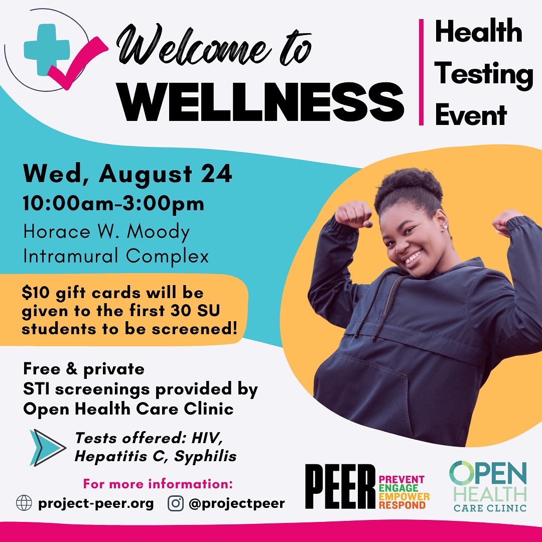 PeerProject's tweet photo. Project PEER is teaming up with Open Health Care Clinic, @SU_Intramural, &amp; @SouthernU_BR tomorrow to provide free STI screenings for students! #projectpeer #wearesouthern #jags #SouthernUniversity #stiprevention #hivprevention https://t.co/YVOV9euTD7