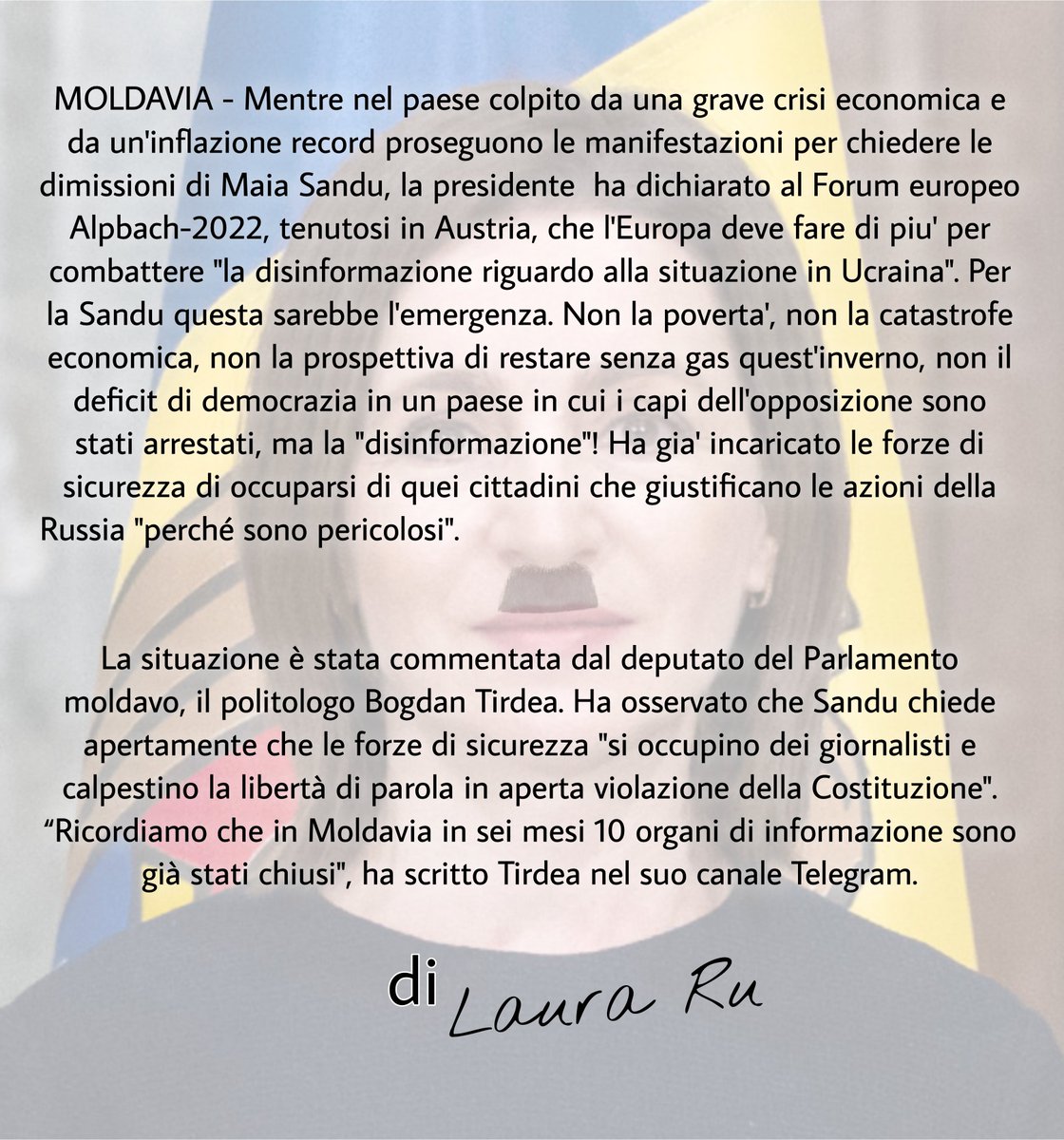 MarceVann's tweet photo. Il deputato del Parlamento moldavo Bogdan Tirdea, ha osservato che la presidente della Moldavia Maia Sandu, chiede apertamente che le forze di sicurezza "si occupino dei giornalisti e calpestino la libertà di parola in aperta violazione della Costituzione". 

#LauraRu https://t.co/nMUeHPcFzi