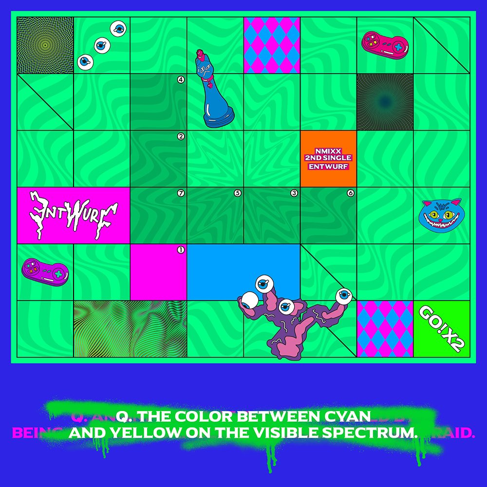 jinsoIbae's tweet photo. 𝐒𝐖𝐄𝐄𝐓 𝐆𝐚𝐦𝐞 𝐒𝐭𝐚𝐫𝐭!

Don'be confused NSWER! Watch out for all seven mysterious puzzles ahead.

🕹STEP. 1

Q. THE COLOR BETWEEN
CYAN AND YELLOW
ON THE VISIBLE SPECTRUM.

Don't remember any words in the answer! 👾 https://t.co/1RwzQNkZeA