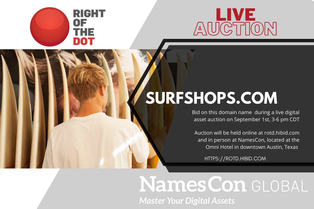 MonteCahn's tweet photo. NamesCon live and online auction
September 1st, 3-6 pm CDT
100's of premium digital assets
Register to bid
https://t.co/emNXKLmKdX
#namescon #domains #auction #digitalassets #surfshops #surfing https://t.co/LuI2Fh7TNs