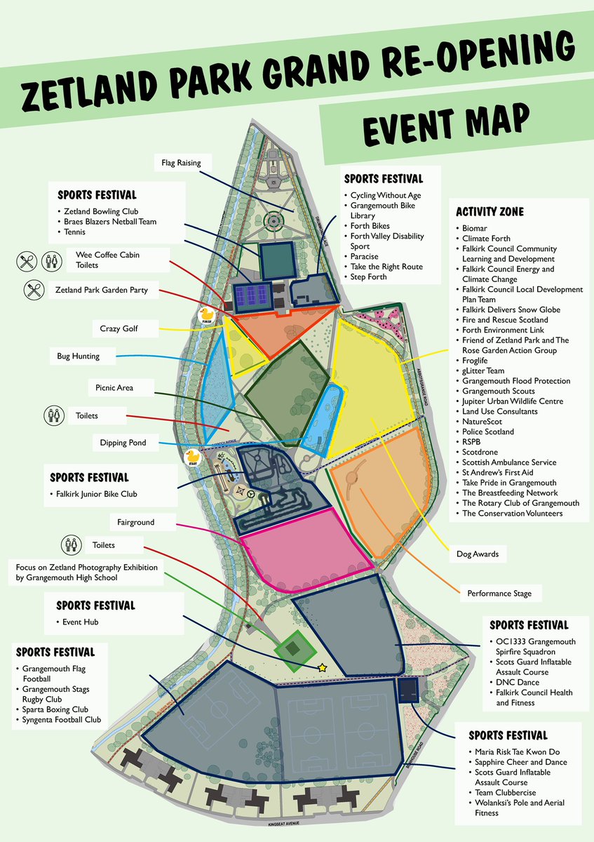 ZetlandPKRegen's tweet photo. Who is getting excited about the Grand Re-Opening of Zetland Park? Check out our event map and schedule below for more details of what is happening on Sunday 28th August.
https://t.co/n60sw9w6Hy
#zetlandpark #grangemouth #NLHF #zpgrandopening #eventmap https://t.co/Q2GO6vM9lF