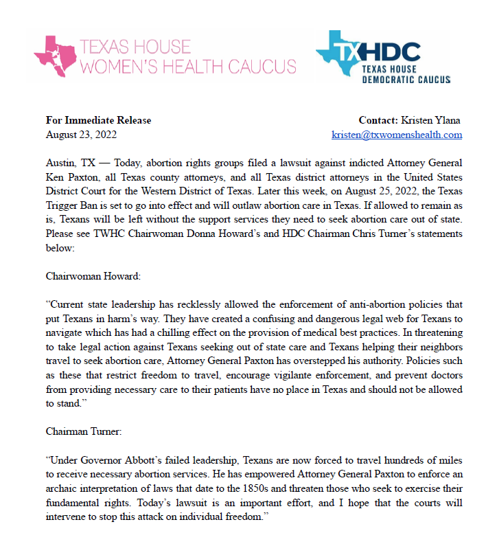 Abortion rights advocates & orgs have once again sued indicted AG Paxton. They're asking the courts to stop the enforcement of extreme anti-abortion policies that obstruct otherwise legal conduct. Please see Chair @DonnaHowardTX and Chair @ChrisGTurner statements below. #txlege