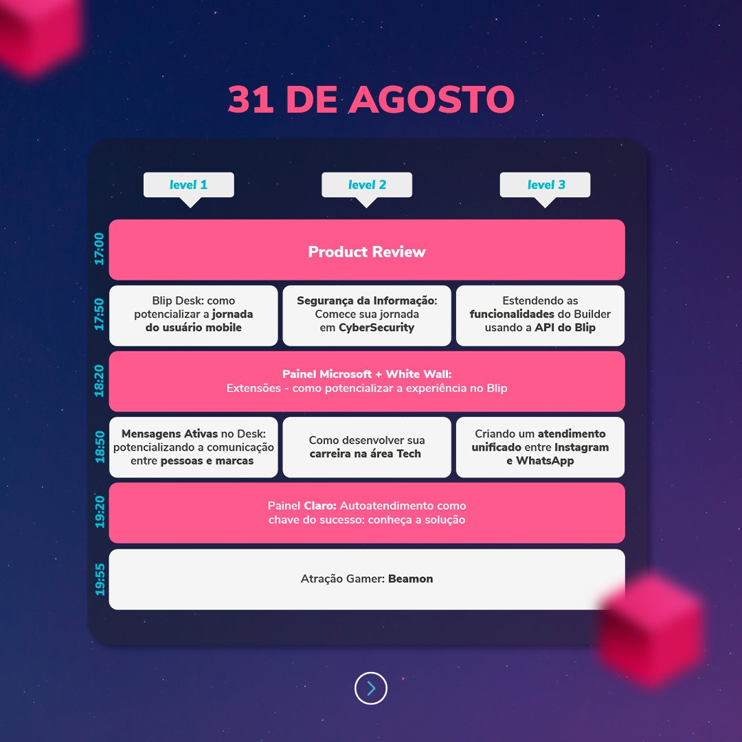 BlipBR's tweet photo. Vem pro #BlipCon!

Arraste para o lado e confira a agenda dos 2 dias de evento. Aproveite para tirar print e já escolher a programação com suas palestras favoritas!

Ainda não se inscreveu no evento? Corre porque ainda dá tempo! Acesse o link: https://t.co/6MCztz0Qom💙 https://t.co/oDBBG65VtR
