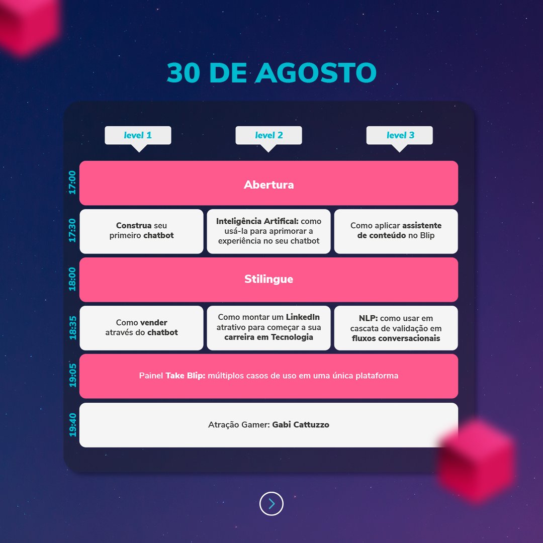 BlipBR's tweet photo. Vem pro #BlipCon!

Arraste para o lado e confira a agenda dos 2 dias de evento. Aproveite para tirar print e já escolher a programação com suas palestras favoritas!

Ainda não se inscreveu no evento? Corre porque ainda dá tempo! Acesse o link: https://t.co/6MCztz0Qom💙 https://t.co/oDBBG65VtR