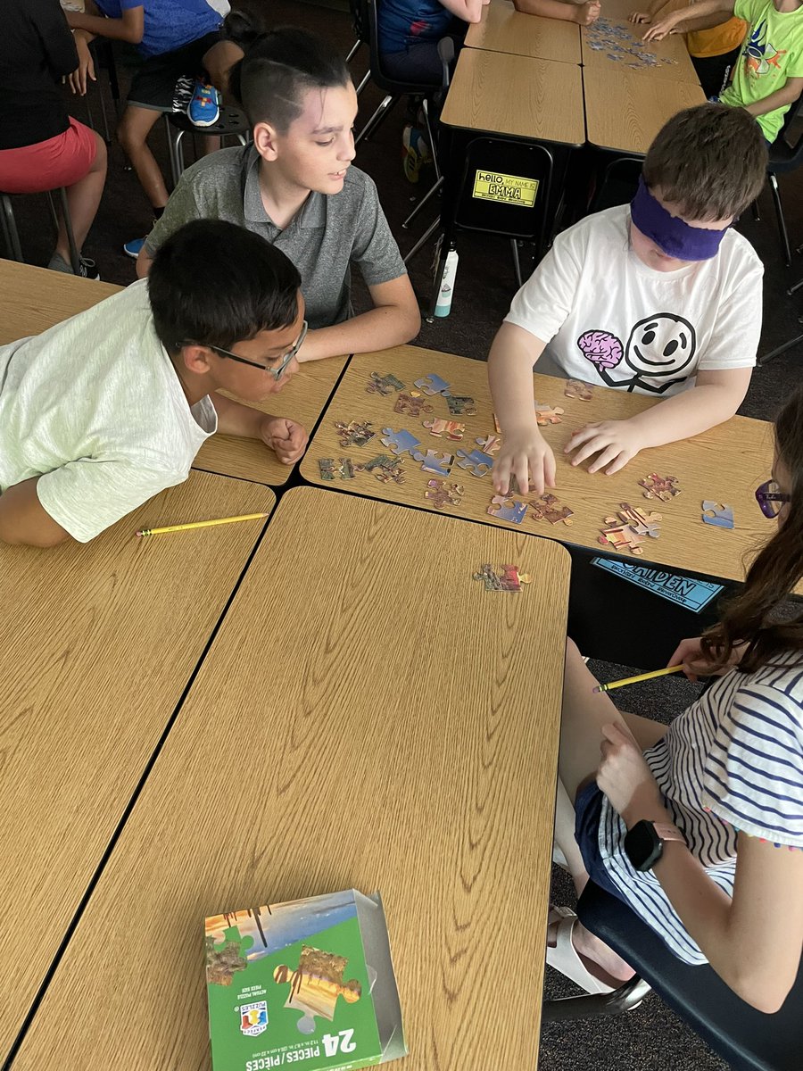 MissMeuser16's tweet photo. Collaborative Puzzle activity to learn how to effectively communicate in a group when faced with adversity…aka a blindfolded team leader! Love this group and their determination already! https://t.co/nQd9PdvL8p