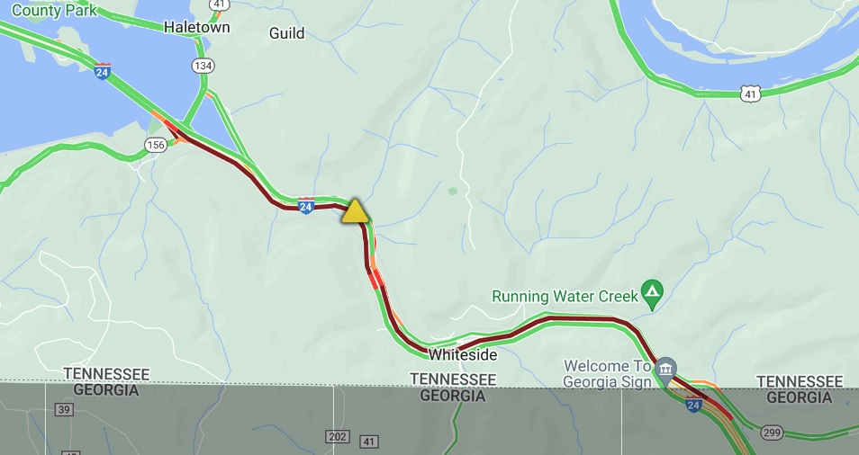 Westbound traffic on I 24 is snarled in Marion County before Nickajack Lake because of 