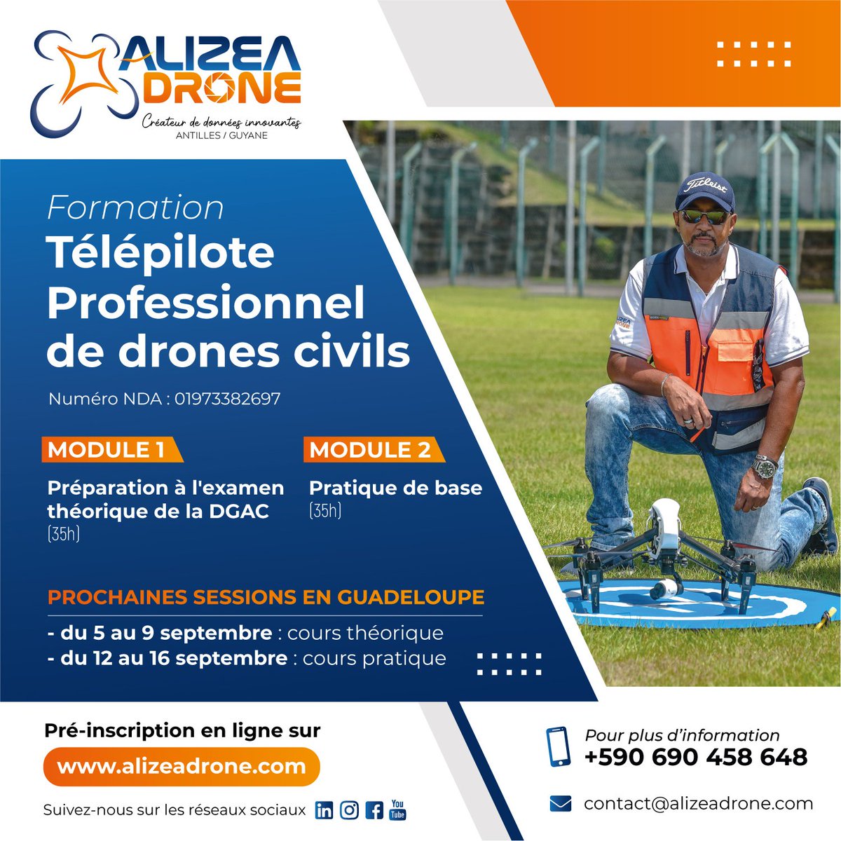 AlizeaDrone's tweet photo. @AlizeaDrone 
ALIZÉA DRONE SAS 🚀
Créateur de données innovantes 💡📈
https://t.co/R6GIdIThnK 🌎
Tél. +590 690 458 648 ☎️
contact@alizeadrone.com 📧

Formation Télépilote professionnelle de drones civils👷🏽‍♀️👷🏽‍♂️ GUADELOUPE 
PRÉ-INSCRIPTION JUSQU'AU 29 AOÛT 2022 👩🏽‍💻 https://t.co/FGErsv3zmK