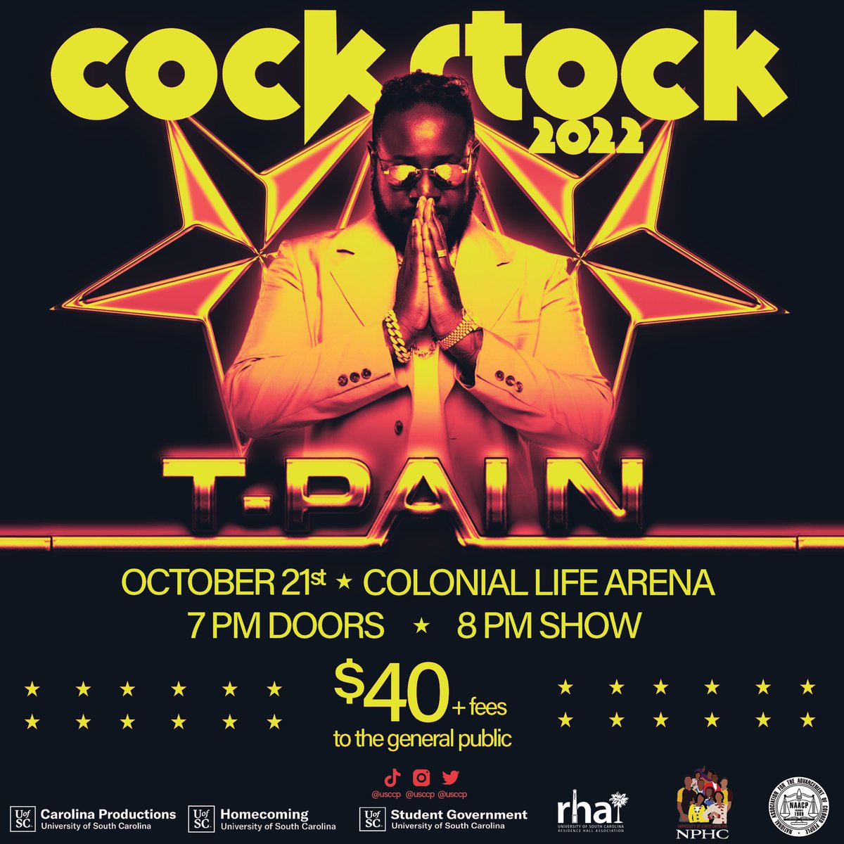 CLAmktg's tweet photo. Just announced!🚨: @TPAIN is this year’s @UofSC #Cockstock artist!🔥
A limited amount of tickets are on sale NOW for the general public. Get yours here: https://t.co/8S2Y9OzzZI https://t.co/4hDFl9XvgV