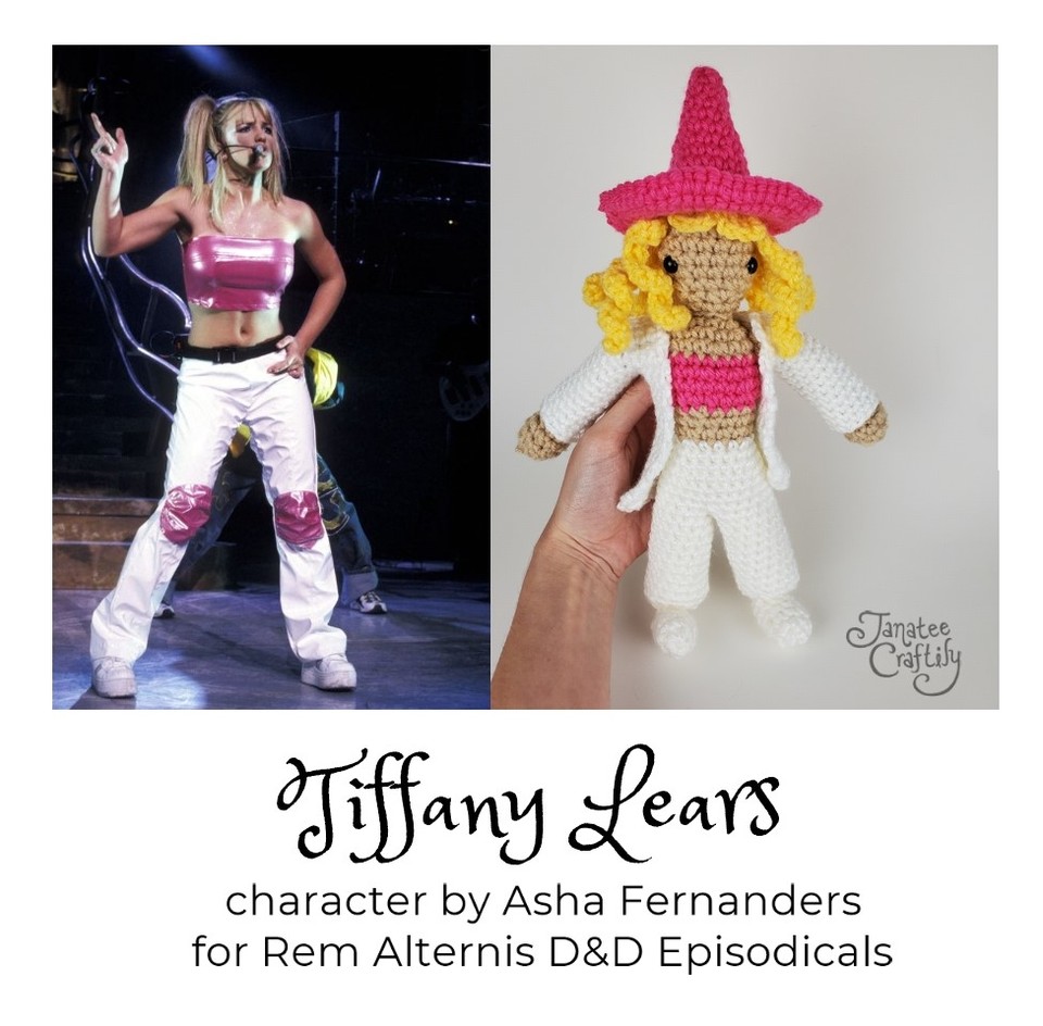 janateecraftily's tweet photo. It's Tiffany, Lich! Here's the final design for Tiffany Lears, #DnD bard, next to her inspiration and namesake, #BritneySpears. Tiffany is an absolute LEGEND created by @theycallhimXD for the @RemAlternis series D&amp;D Episodicals 2.  #remPC #OopsICrittedAgain #dungeonsanddragons https://t.co/5e8X8SEdd5