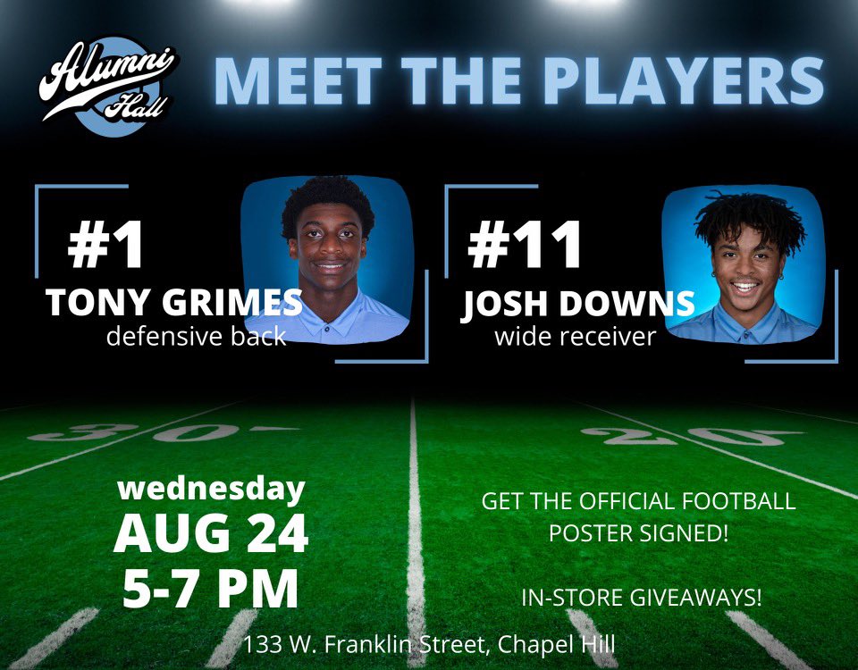 “Come join us at <a href="/alumnihallunc/">Alumni Hall UNC</a> on Franklin Street Wednesday at 5! Autographs, pictures, and a chance to hang with the Heels!”