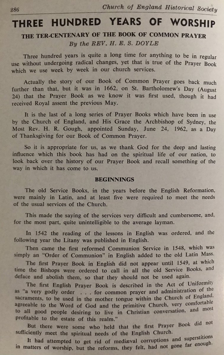 AustAnglican's tweet photo. Today marks #360years (24 August 1662) since the Book of Common Prayer first came into use. #BCP #anglican @bcpnocontext @prayerbook_soc I’m sharing an article (September 1962, for the 300th anniversary) from the Church of England Historical Society Journal: https://t.co/iZee2D51O4