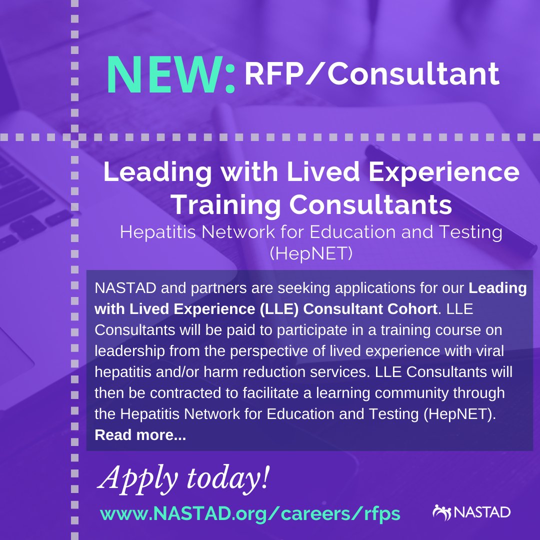 NASTAD's tweet image. We're #hiring consultants for the #Hepatitis Network for Education and Testing (#HepNET)! Find out how you can join the initiative! For more information and to #apply, visit: nastad.org/hepnet

#RPF #Consultant #PWLE #HarmReduction #ViralHepatitis