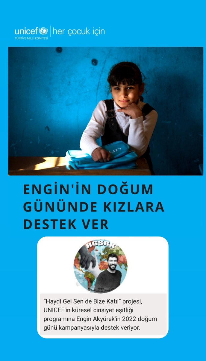 enginistmht's tweet photo. Kiz çocuklar güçlenirse, dünyayı değiştirebilirler!
“#HaydiGelSenDeBizeKatıl” projesi vesileyle @unicef 'in küresel cinsiyet eşitliği programına #EnginAkyürek'in 2022 doğum günü kampanyasına destek verelim. ↘️ https://t.co/AIf9K9L3nl  #EnginAkyürek  #unicefTürkiye   #HGSBK2022 https://t.co/27VR07tTKr