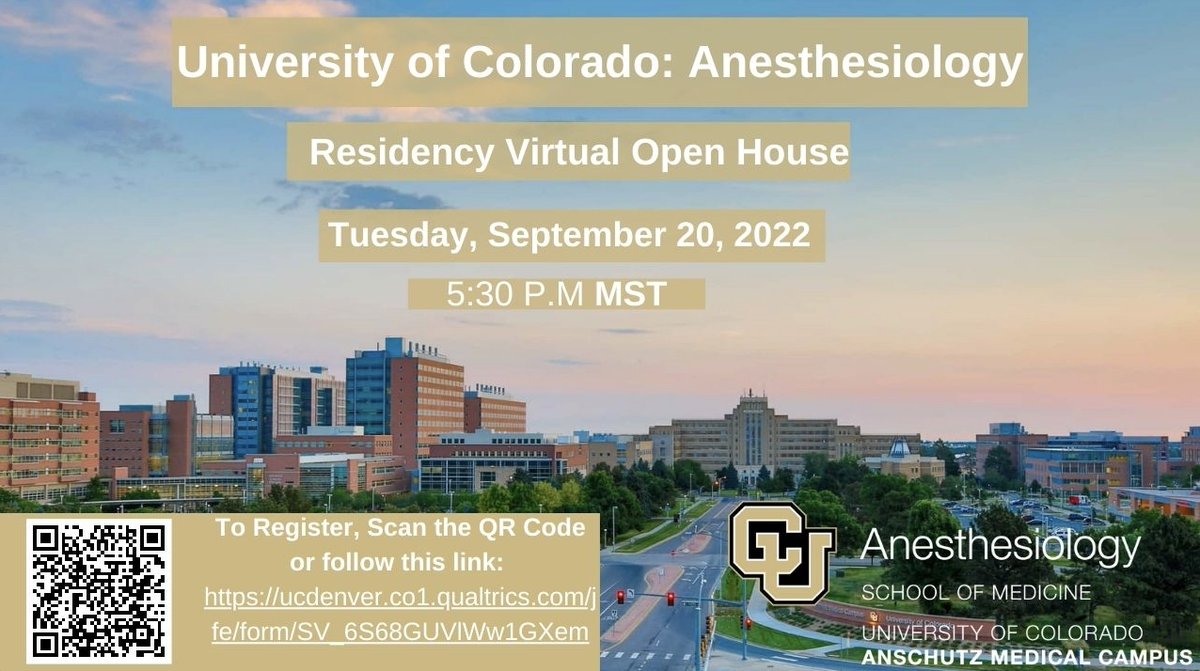 University of Colorado Anesthesiology Residency Virtual Open House is September 20. Info on registering is below! <a href="/FutureAnesRes/">FutureAnesRes</a> <a href="/ASALifeline/">ASA®</a>