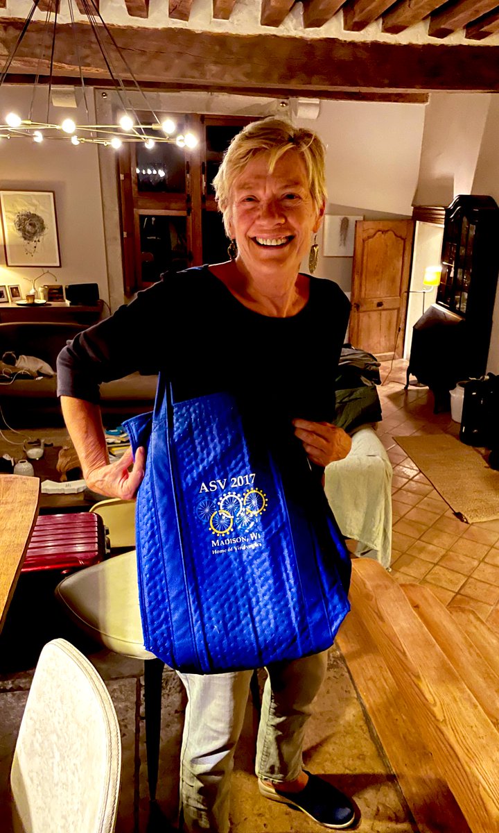 VignuzziLab's tweet photo. Diane, a master painter of medieval illuminations in Noyers sur Serein, has been using an ASV2017 tote bag as her work/wine bag for years : claims it’s the best bag she’s ever had. @AmerSocVirol https://t.co/IYxmOnaSAB