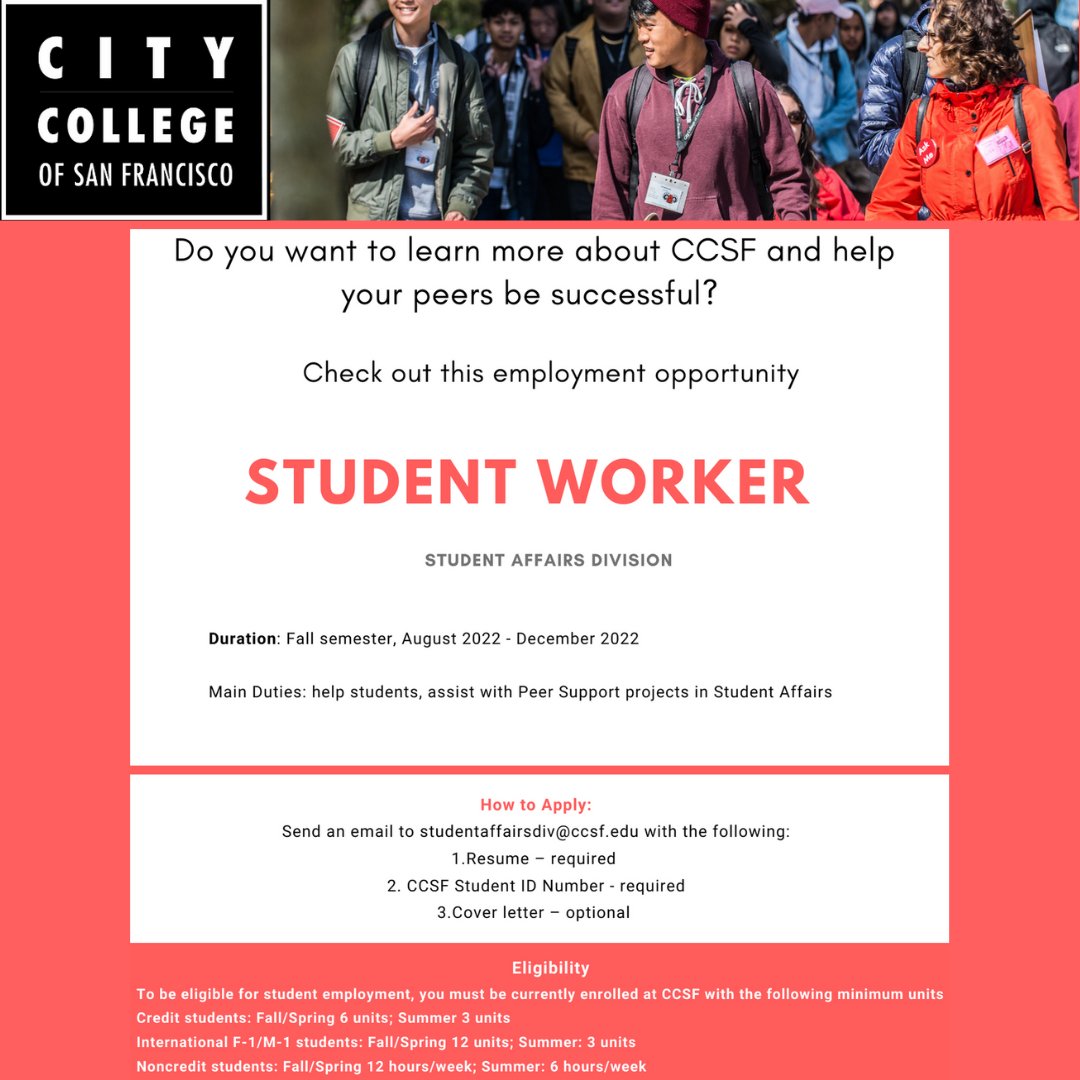 OfficialCCSF's tweet photo. Our Student Affairs team is looking for student workers interested in assisting with Peer Support projects for their fellow #CCSFRams.
To apply, please send your resume, CCSF student ID number, and an optional cover letter to: studentaffairsdiv@ccsf.edu https://t.co/MHhRNqgFuR