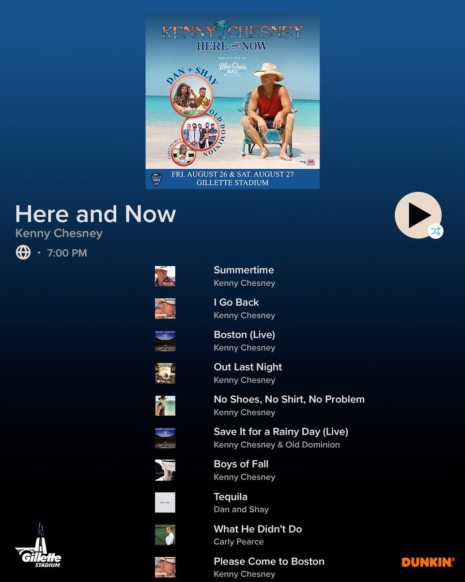 GilletteStadium's tweet image. Kenny Chesney concert week is finally here! 

Get ready for this weekend with our pre-show playlist &amp;amp; RT to enter to win your way in, courtesy of Dunkin’!

bit.ly/3PMCX8N