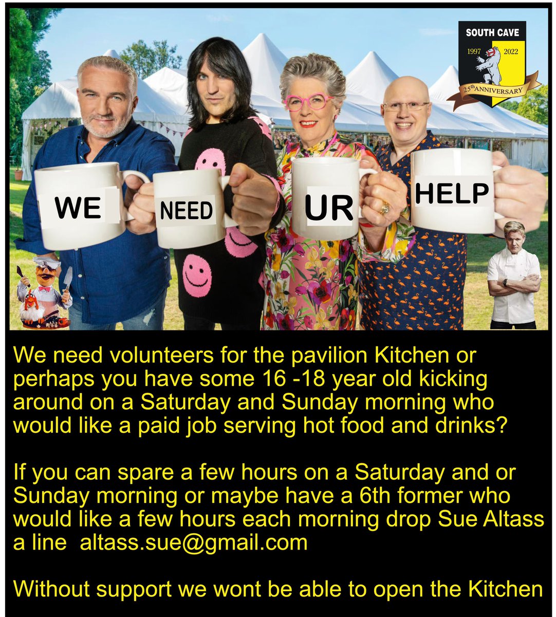 SCFCJuniors's tweet photo. One of the great things about South Cave is our hospitality. We need some help to keep our kitchen open on Saturday and Sunday mornings? Can you help? Or have a 6th former looking for some paid work?  Please drop sue a line Altass.sue@gmail.com if you can help .  Please share ! https://t.co/1wKeY9mhDH