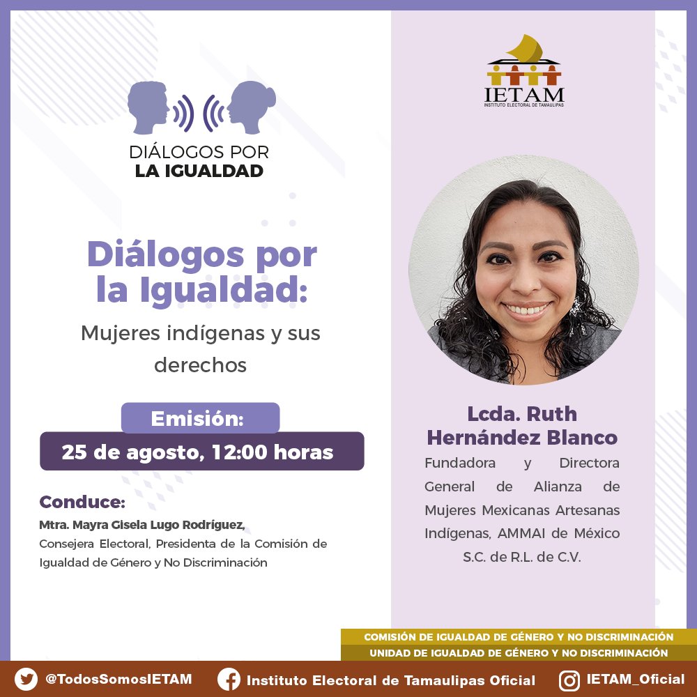 TodosSomosIETAM's tweet photo. #PróximoJueves12horas | Diálogos por la Igualdad: “Mujeres indígenas y sus derechos”.

 ¡Acompáñanos! 
👇👇👇 https://t.co/L1GZAbe5BW