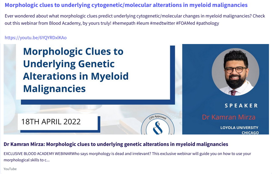 KMirza's tweet photo. Did you miss this @blood_academy session on #morphologic clues to underlying genetic alterations in #myeloid malignancies? Check out the link to the talk here: https://t.co/rDz9FQeDVR
Be sure to subscribe to the @blood_academy youtube channel: https://t.co/DgH4LczWdn
#hemepath https://t.co/XlqdOF9wDr