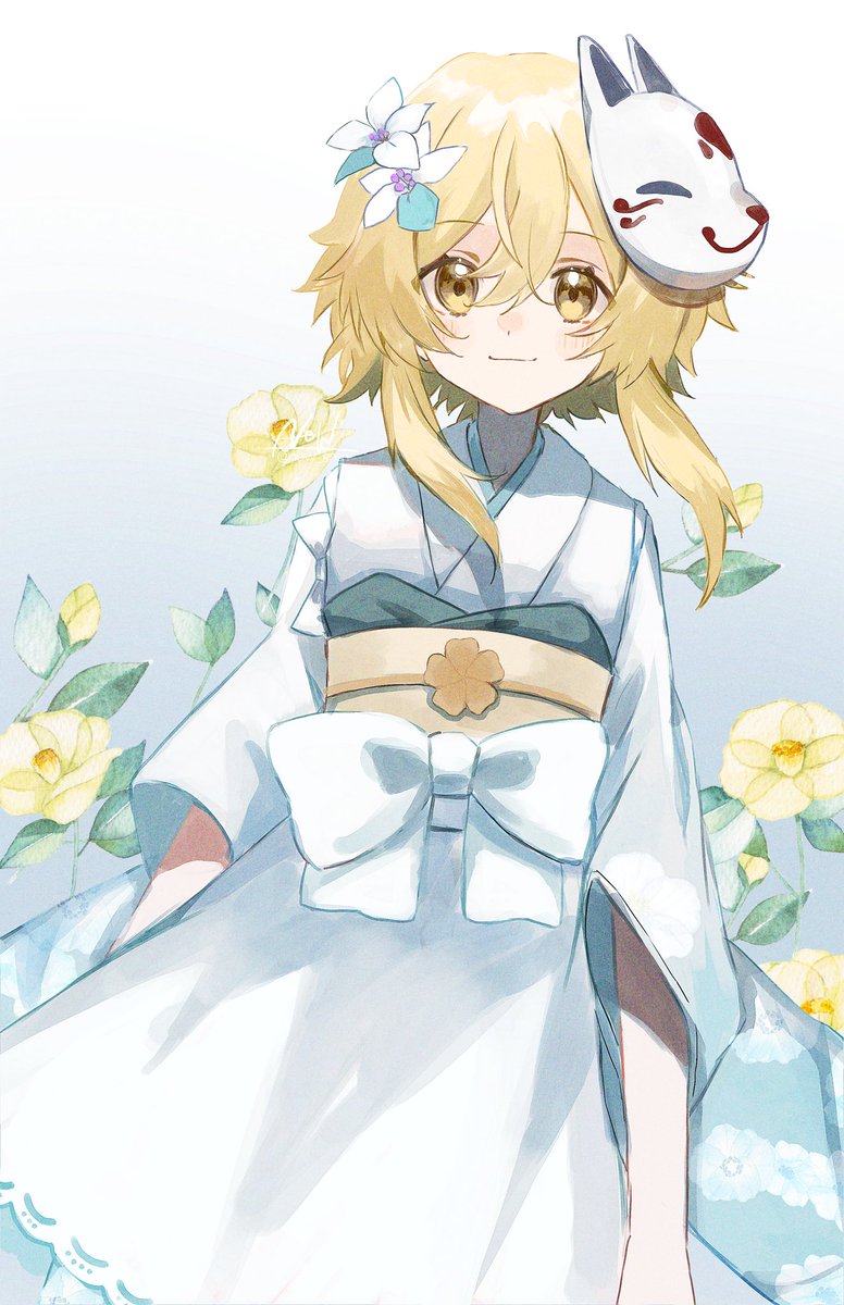 lumine (genshin impact) 1girl japanese clothes flower kimono blonde hair mask solo  illustration images