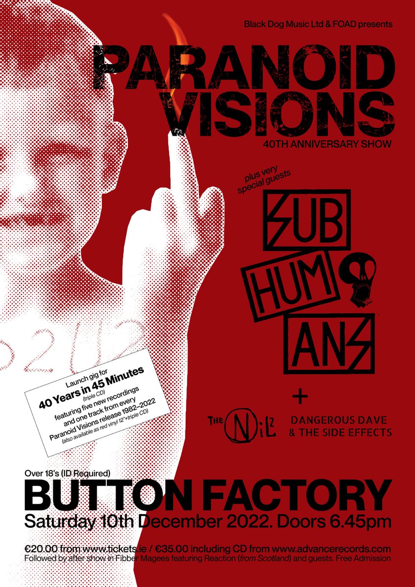 🚨 𝗝𝗨𝗦𝗧 𝗔𝗡𝗡𝗢𝗨𝗡𝗖𝗘𝗗 🚨

Irish Punk legends @paranoidvisions bring their 40th anniversary tour to the @ButtonFactory22 on Sat the 10th of December 2022 with support from some old friends.

Tickets on sale Friday at 10am ⏰  👉 bit.ly/Paranoid-Visio…

#blackdogmusic