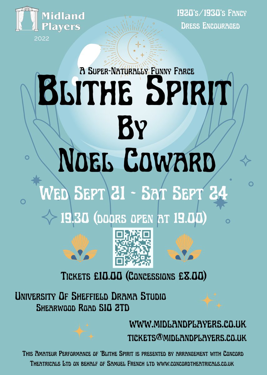 MidlandPlayers's tweet photo. Blithe Spirit by Noel Coward #drama #sheffield #sheffieldissuper #theatre #blithespirit #noelcoward @MidlandPlayers @SHUPerformance @CurtainCallSch https://t.co/Zy1lnAYHqQ