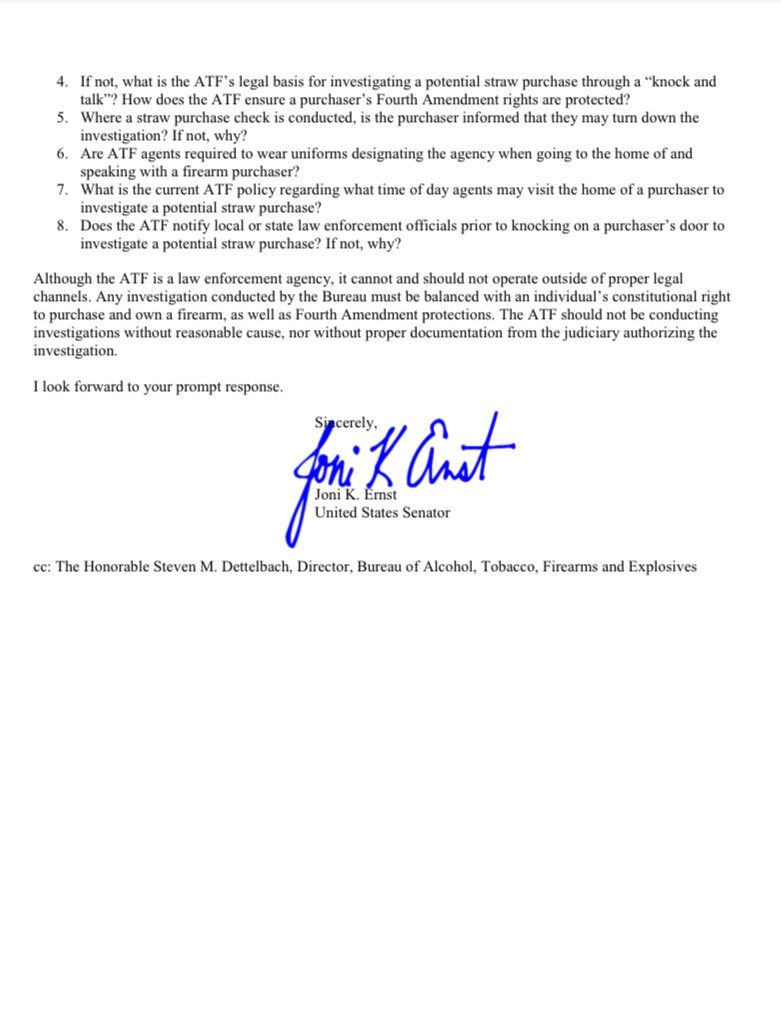 SenJoniErnst's tweet photo. In all of the ATF’s “knock and talk”incidents brought to my attention, none involved the presentation of a warrant.
I’m demanding answers from AG Garland. ⤵️ https://t.co/HcWQfZfzYO