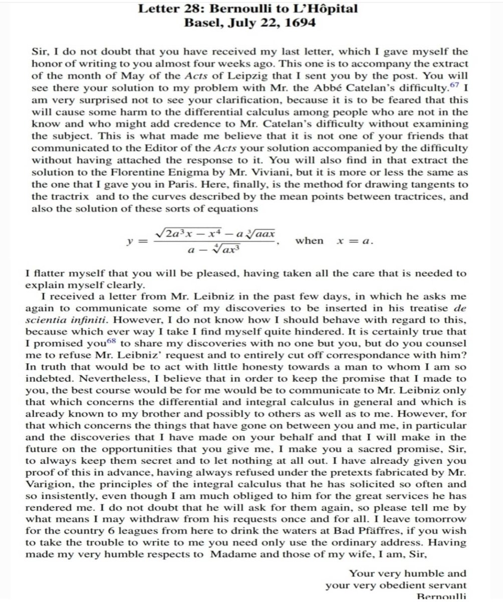 Tarihte L'Hopital kuralının ilk defa kullanıldığı soru aşağıdaki sorudur. Teoremi bulan aslında Johann Bernoulli. Fakat yaptıkları anlaşma gereği L'Hopital Johann'dan öğrendiği herşeyi yazabilelecektir. Bu yüzdendir ki biz Johann'ın bulduğu teoremi L'Hopital olarak biliyoruz.