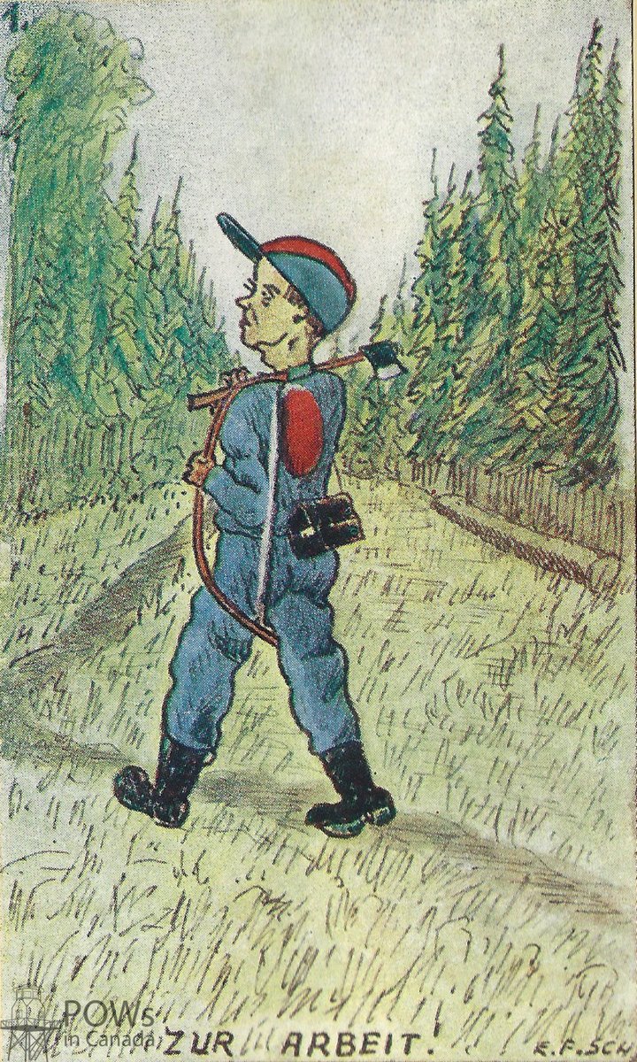 michaelsohagan's tweet photo. By April 1946, almost 9,000 POWs were employed in the pulpwood industry in #Ontario. One POW, known only as "E.F. Sch." produced a series of eighteen cartoons depicting life in one POW bush camp, believed to be near @NeysProvPark. Here are some of his cartoons: https://t.co/t6dtGSjbz7