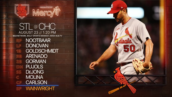 Today’s lineup verses the Cubs
Right Field Lars Nootbaar
Left Field Drendan Donovan
1st Base  Paul Goldschmidt
3rd Base Nolan Arenado
2nd Base Nolan Gorman
Designated Hitter Albert Pujols
Shortstop Paul DeJong
Catcher Yadier Molina
Center Field Dylan Carlson
Starting Pitcher Adam Wainwright