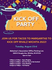 Join us tonight to Kickoff the 2022 #RivALZ powder puff football fundraiser!  Tacos &amp; Margaritas from 5-7pm at the Alzheimer's Association Central and Western Kansas office. Lots of ways to get involved - we need players, coaches, fans, sponsors, event volunteers.