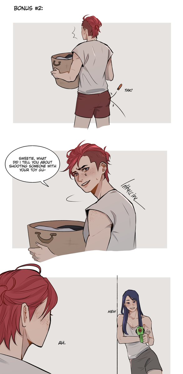 lettuccine's tweet image. i just wanted to draw vi walking w her daughter wearing her uniform but ended up being a comic(?) about nerf gun

#caitvi